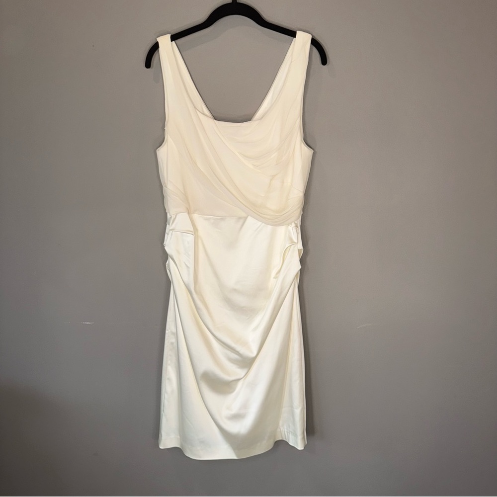 Suzi Chin for Maggy Boutique Ivory Satin Ruched Silk Chiffon Overlay 14 VGUC